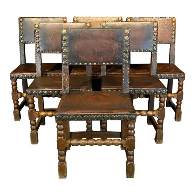 French Antique Leather and Nailhead Dining Chairs With Bobbin Legs -Set of 6 For Sale