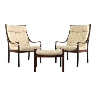 Bentwood Lounge Chairs with Ottoman in Rosewood and Original Fabric made in Denmark - 3 Pieces For Sale