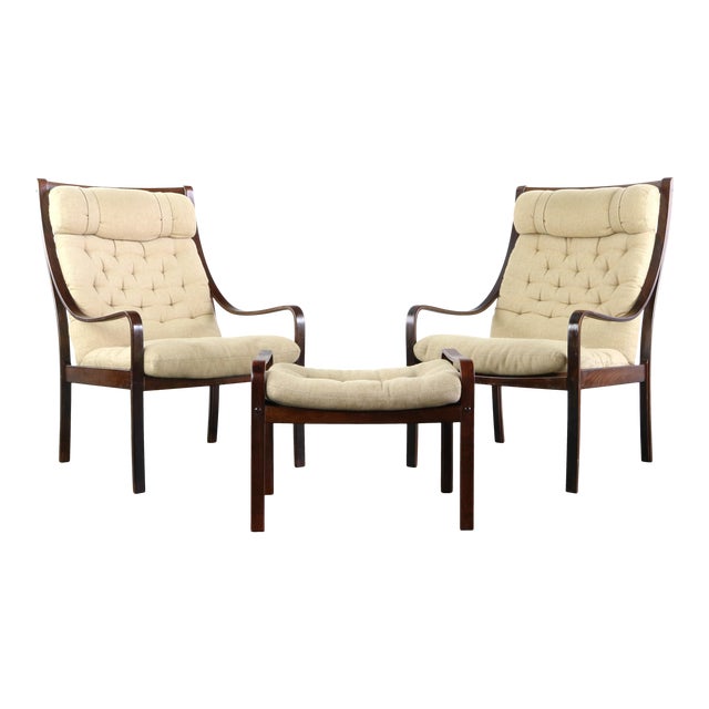 Bentwood Lounge Chairs with Ottoman in Rosewood and Original Fabric made in Denmark - 3 Pieces For Sale