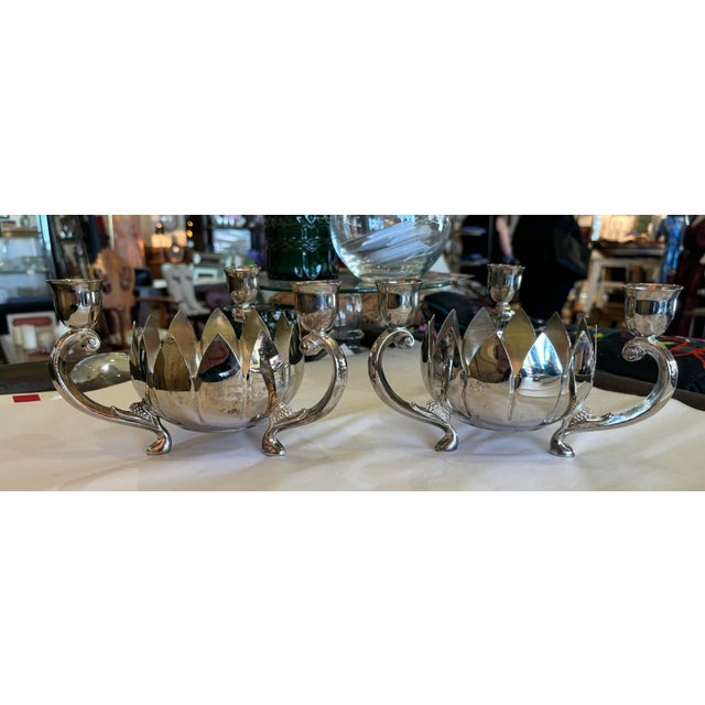 Pair of Silver Plate Lotus Stylized 3 Arm Candleabras For Sale In Saint Louis - Image 6 of 7