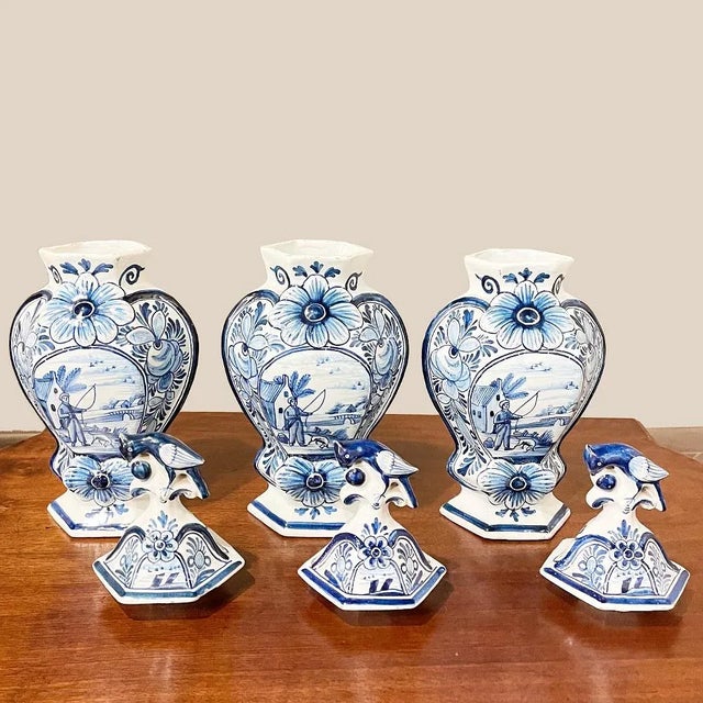 Ceramic Set of Five 18th Century Hand-Painted Delft Vases Including 3 Lidded Urns For Sale - Image 7 of 13
