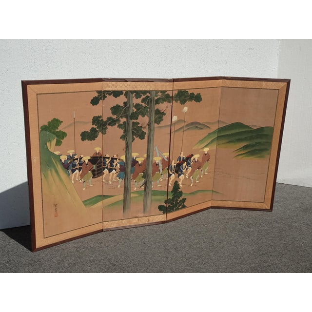 Japanese Vintage Japanese Byobu Four Panel Folding Screen Picture Caravan of Men Signed For Sale - Image 3 of 18