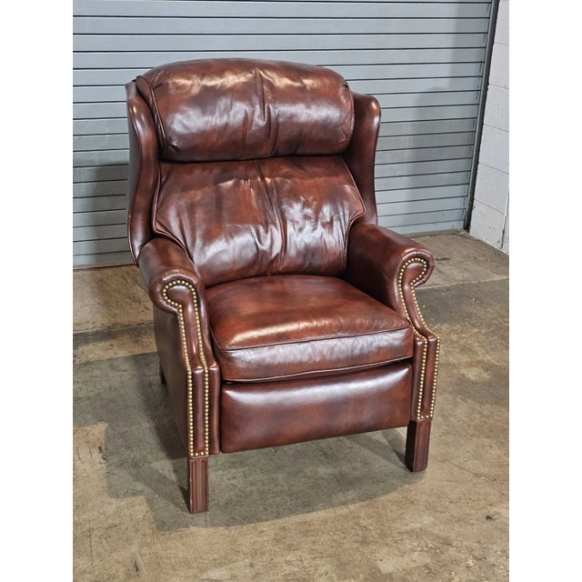 Chippendale Late 20th Century Share Hancock & Moore Brown Leather Mahogany Chippendale Style Wing Chair Recliner For Sale - Image 3 of 13