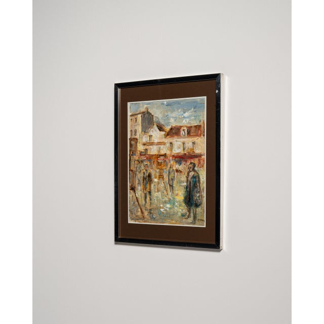 Mid 20th Century 20th Century French Dark Brown Signed Oil on Panel Impressionist Street Scene in Passe-Partout For Sale - Image 5 of 15