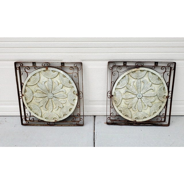 Light Gray 1980s Vintage Pair of Square Iron Framed Terracotta Relief Floral Medallion Wall Hangings For Sale - Image 8 of 12