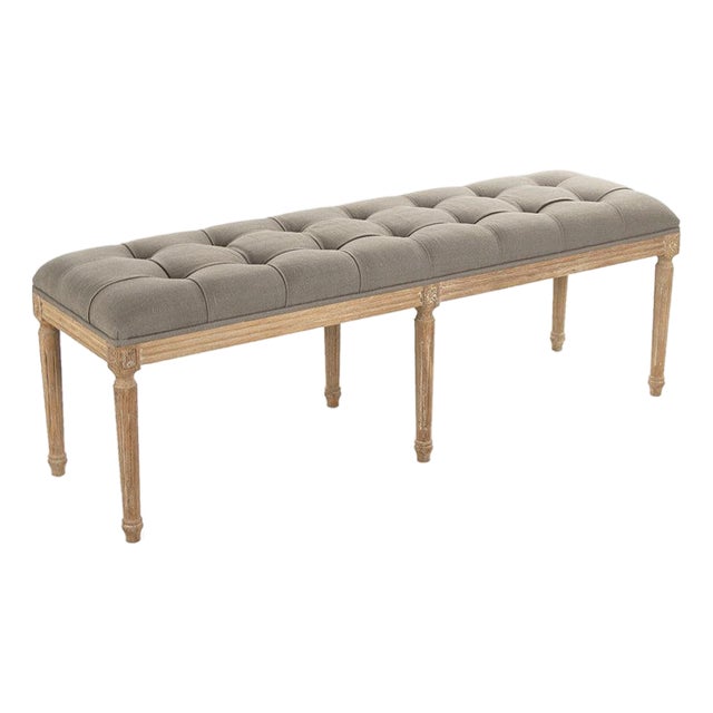 Louis Tufted Bench - Gray Linen For Sale