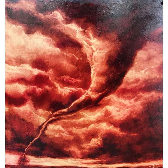 Expectation by Tammi Otis | Oil on Board Oil painting of dramatic red and orange swirling clouds. For Sale