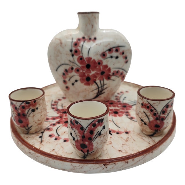 Ceramic Cream Coffee Service with Red and Black Hand-Painted Floral Design from SMF Schramberg, Shabby Chic Style, 1950s, Set of 5 For Sale