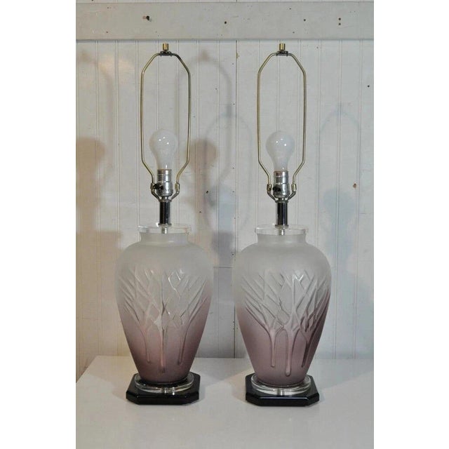 Vintage Mid Century Modern Frosted Purple Glass & Lucite Table Lamps - A Pair For Sale - Image 10 of 10