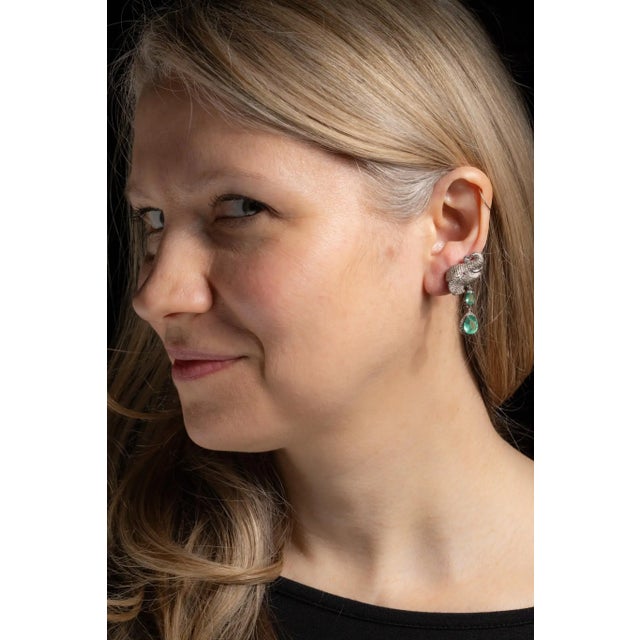 Contemporary Pair of Elephant Motif Emerald and Diamond Dangle Earrings For Sale - Image 3 of 4