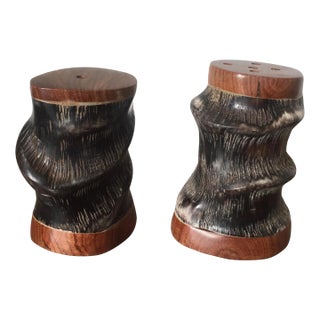 Mid Century Modern Curved Spiral Antelope Horn Salt & Pepper Shakers With Desert Ironwood Accents For Sale