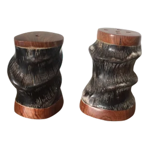 Mid Century Modern Curved Spiral Antelope Horn Salt & Pepper Shakers With Desert Ironwood Accents