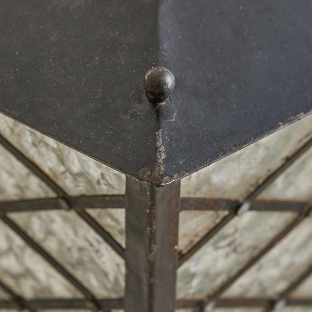 1940s French Wrought Iron + Textured Glass Lantern Wall Sconce For Sale In Chicago - Image 6 of 8