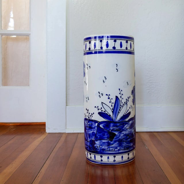 Folk Art Blue and White Ceramic Porcelain Umbrella Holder For Sale - Image 6 of 11