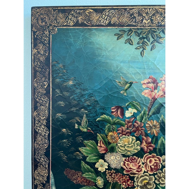 Sky Blue Extra Large Castilian Imports Antique Painting on Wood With Birds and Flowers (70 X 38 X 1.1 Inches) For Sale - Image 8 of 12