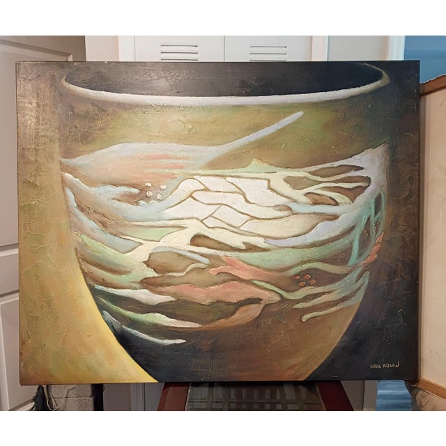 Cris Auson Large Scale Still Life Oil Painting of Mission Swirl Art Pottery Vessel For Sale - Image 9 of 14