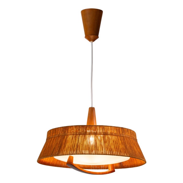 Large Teak and Sisal Pendant Lamp attributed to Temde Leuchten, 1960s For Sale