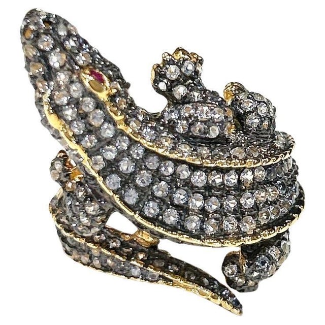Bochic "Orient" Vintage Neoclassical Crocodile Topaz Ring 18K Gold & Silver For Sale - Image 15 of 18