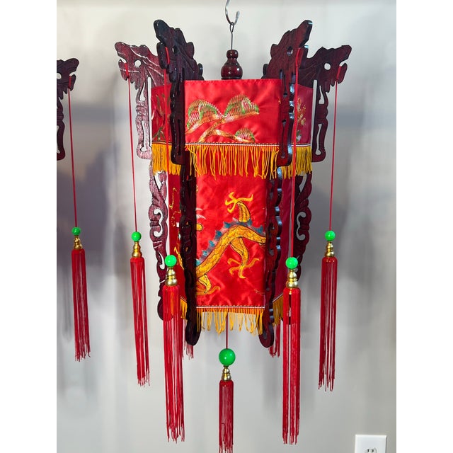 Mid 20th Century Vintage Mid 20th Century Red Chinese Palace Lanterns With Embroidered Dragons and Tassels - a Pair For Sale - Image 5 of 12