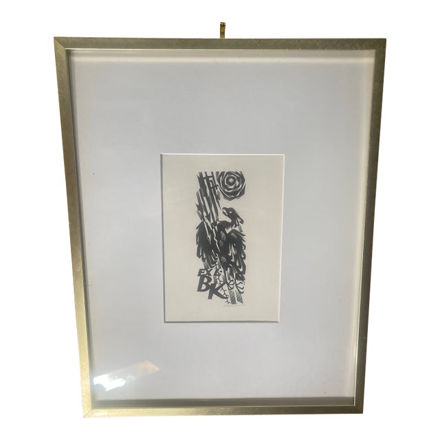 Late 20th Century Signed Graphic Print by Vojtěch Cinybulk, Abstract Bird Composition, Framed For Sale