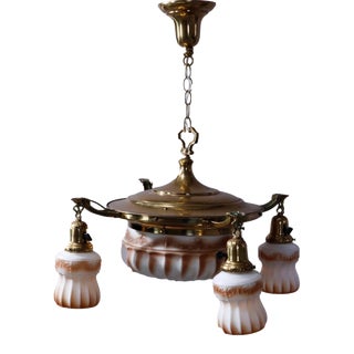 Antique 1920s Brass Pan & Drop-Light Hanging Ceiling Fixture For Sale