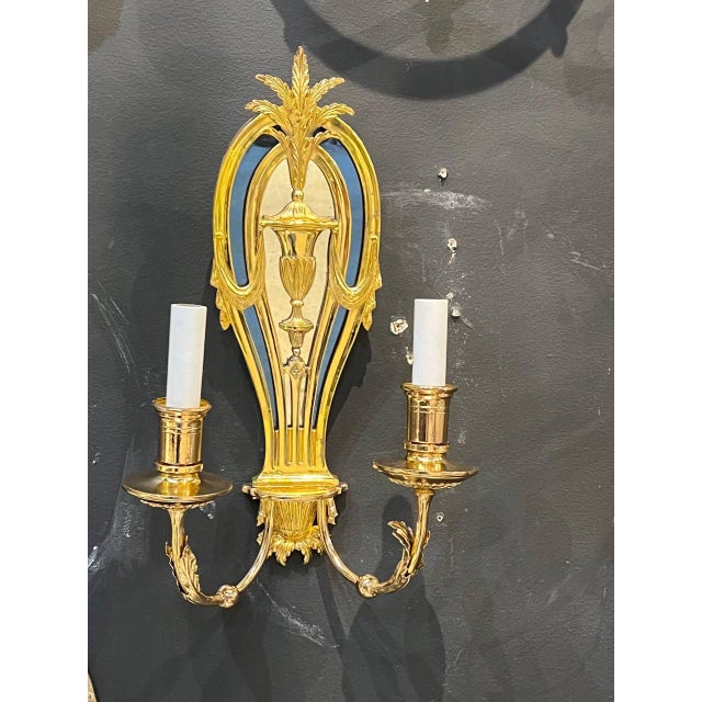 1920 Caldwell Bronze Sconces With Mirror and Cobalt Glass For Sale - Image 9 of 10