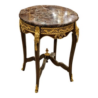 French Louis XV Accent Table With Marble Top, Marquetry Inlay & Bronze Ormolu Mounts For Sale