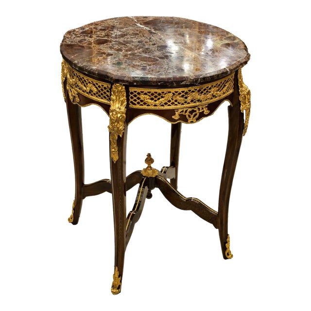 French Louis XV Accent Table With Marble Top, Marquetry Inlay & Bronze Ormolu Mounts For Sale