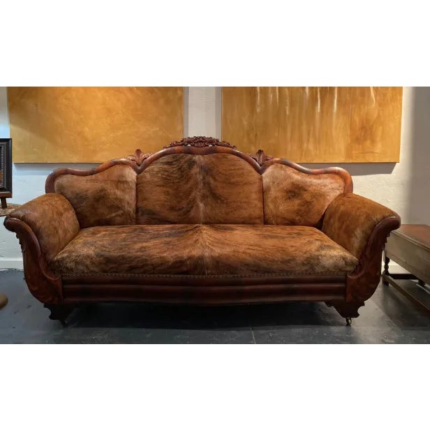 French Settee- Vintage French Country- 1800s-Reupholstered Brindle Cowhide For Sale - Image 10 of 10
