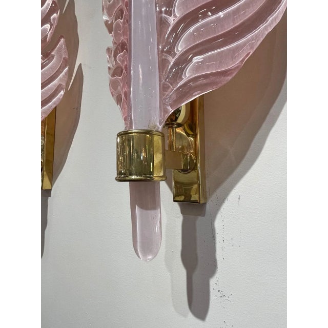 Murano Pink Murano Glass & Brass Leaf Form Wall Sconces - A Pair For Sale - Image 4 of 8