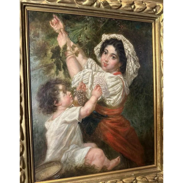 Antique Victorian Continental Gilt Framed Genre Scene Oil Painting Mother & Child picking grapes. In good original...