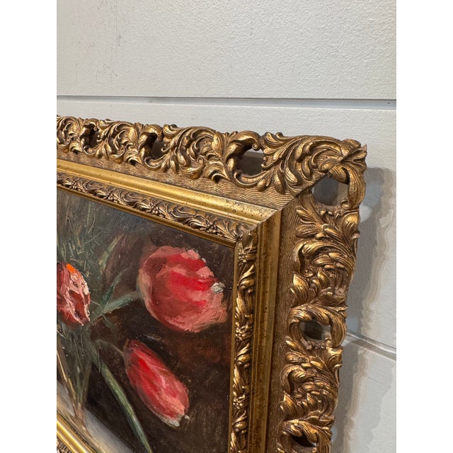 20th Century Oil on Board "Red Tulips in Vase" For Sale In Nashville - Image 6 of 8