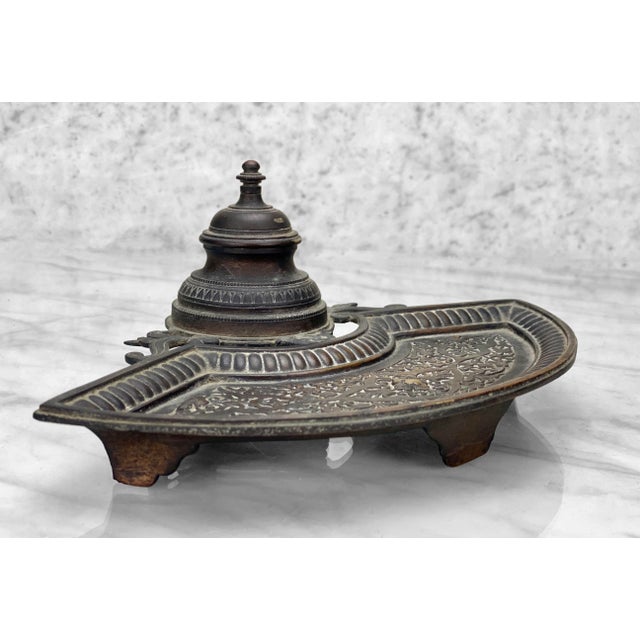 Antique French Empire Bronze Fountain Pen Rest Inkwell For Sale - Image 4 of 11