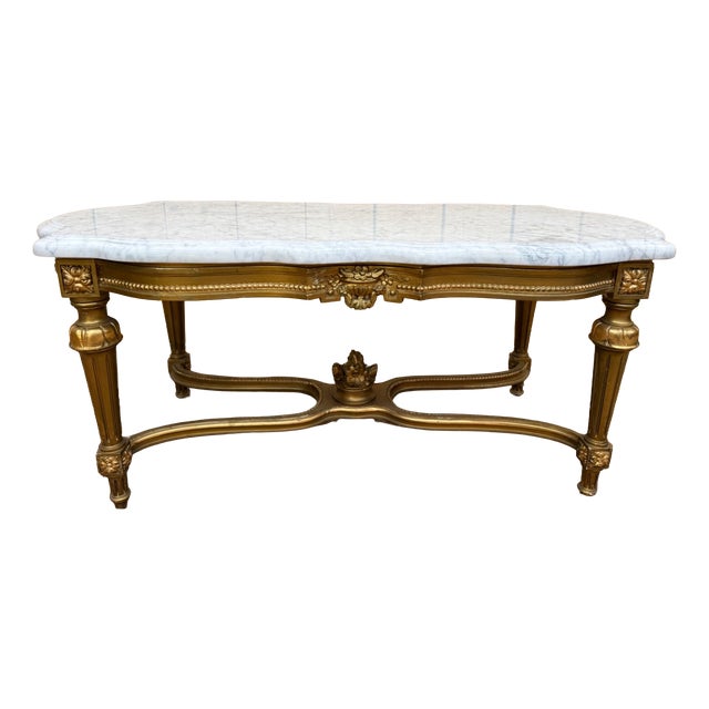 Louis XVI Style Coffee Table Gilded Wood and Carrara Marble, 1890s For Sale