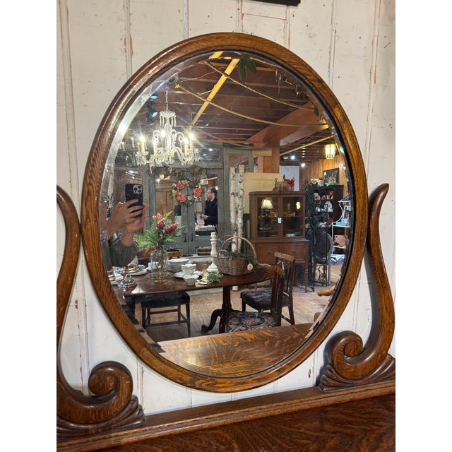 Brown Vintage Tiger Oak Victorian Dresser With Beveled Mirror & Clawfeet. For Sale - Image 8 of 12