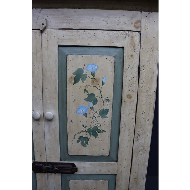 Primitive Painted Pine Linen Press With Floral Decoration For Sale In Philadelphia - Image 6 of 16