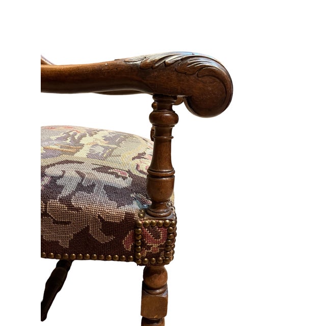 19th Century French Needlepoint Carved Walnut Throne Chair For Sale - Image 10 of 11