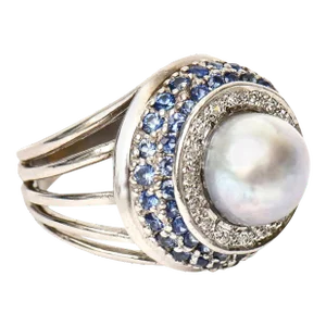 Vintage 14 Karat Gold, Cultured Pearl, Diamond and Sapphire Dome Cocktail Ring Size 6.5