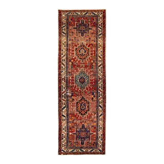 Red Vintage Persian Heriz Handmade Geometric Wool Runner For Sale