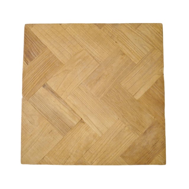 Salvaged elm wood cube side table with chevron design on top. Each will have variations in wood tones, grain, and natural...