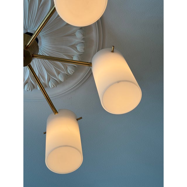 Cream Mid-Century Modern Swedish Semi Flush Mount Chandelier in Brass and Opaline Glass by Gert Nystrom for Fagerhult and Orrefors, 1960 For Sale - Image 8 of 11