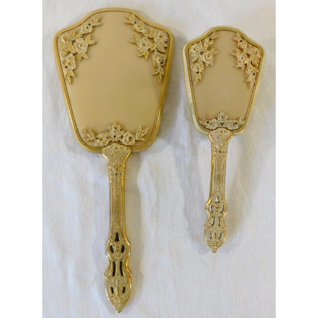 Gold Vintage Victorian Gold Metallic Rose Floral Brush & Handheld Mirror Vanity Set For Sale - Image 8 of 10