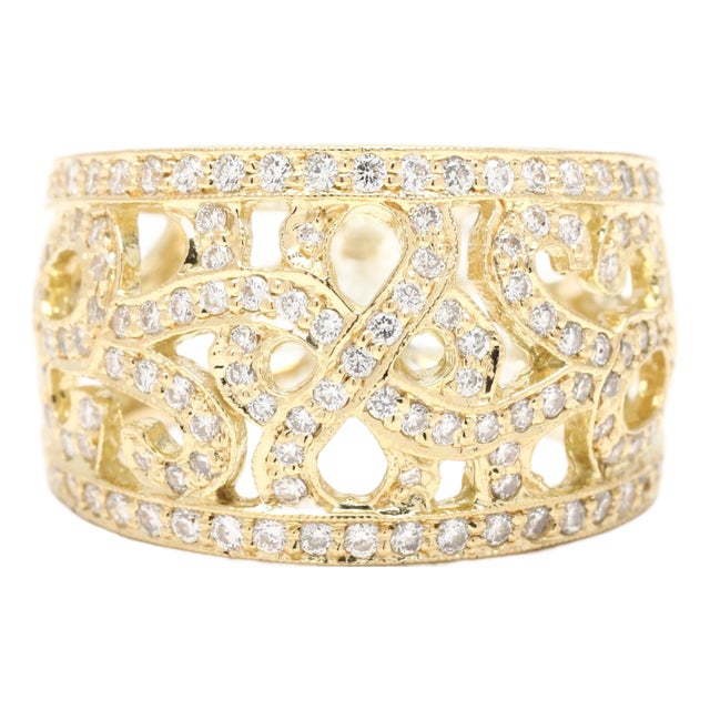 1ctw Diamond Filigree Wide Band, 18k Yellow Gold, Ring Size 5.5 For Sale