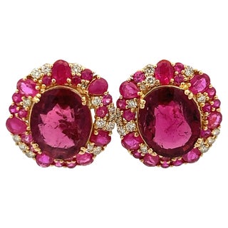 18K Yellow Gold Pink Tourmaline, Ruby, Sapphire, and Diamond Cluster Earrings For Sale