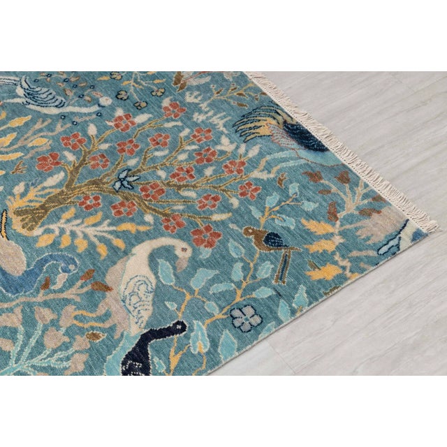 Textile Blue Peacock Birds Garden Scene Soft Hand Knotted Hand Spun Wool Rug 4x8Ft. For Sale - Image 7 of 18