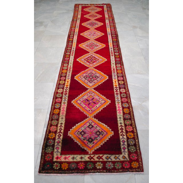 Textile 1960s Turkish Hand-Knotted Runner Rug Kitchen Hallway Decor Red & Pink 3x13 Ft Approx For Sale - Image 7 of 16