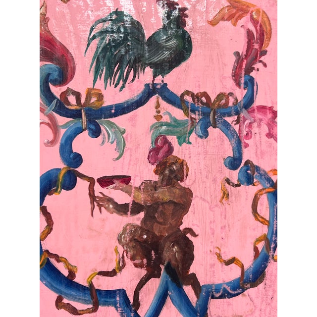 Pair of Vintage Large Continental European Chinoiserie Oil on Leather Panel Paintings For Sale - Image 4 of 14