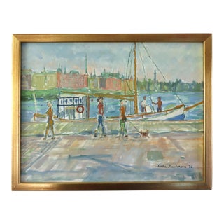 1976 Modernist 'Harbour Promenade' Vintage Original Coastal Street Scene Oil Painting, Framed For Sale