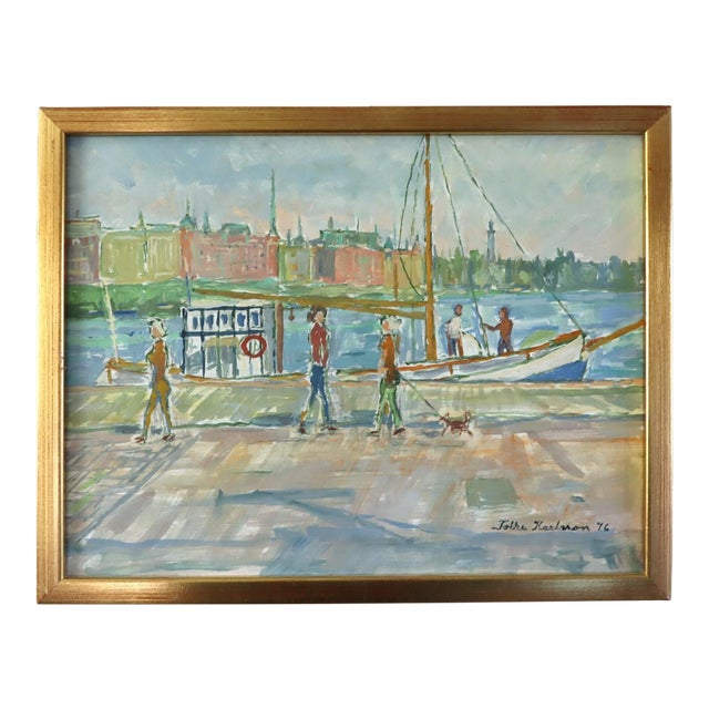 1976 Modernist 'Harbour Promenade' Vintage Original Coastal Street Scene Oil Painting, Framed For Sale