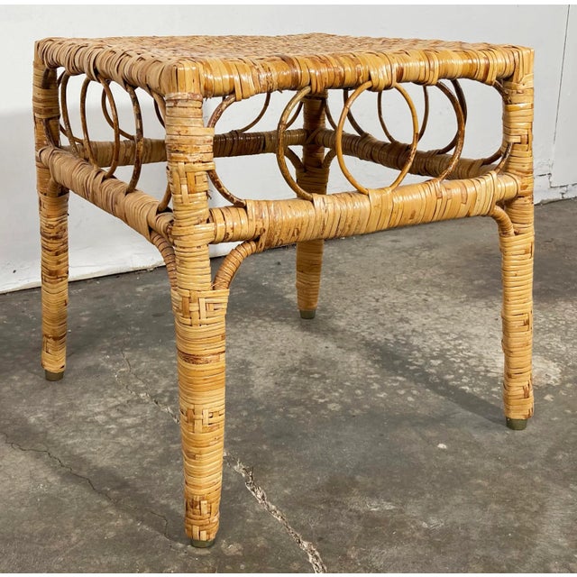 Vintage woven wicker table, stool or plant stand featuring basketweave pattern to top. Burnt rattan decorative spheres...